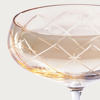 Set of four amber luster coupe glasses with etched crosshatch pattern — elegant barware and holiday entertaining glass set by Third & Main.