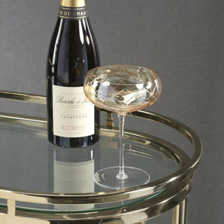 Set of four amber luster coupe glasses with etched crosshatch pattern — elegant barware and holiday entertaining glass set by Third & Main.