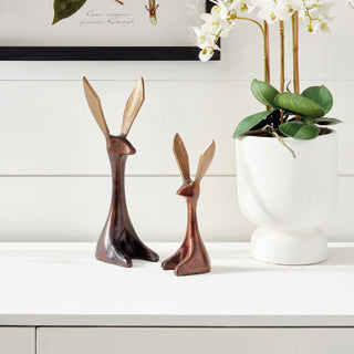 A set of two bronze colored aluminum  jackrabbits with gold ears. contemporary decor, luxury decor, spring decor, modern traditional, bunny, rabbit, decor, Third & Main