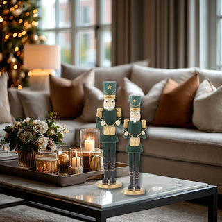 Set of two dark green velvet and gold nutcracker soldiers with drums — elegant holiday décor figurines by Third & Main.