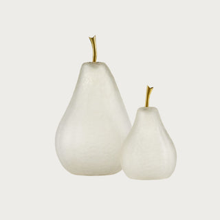 Set of two frosted white glass decorative pears with gold metal stems, including one 12-inch pear and one 8-inch pear.
