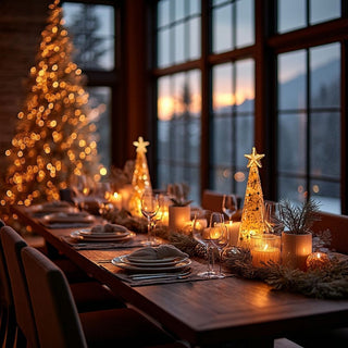 Set of two LED gold Christmas trees with star cutouts — light-up tabletop holiday décor emitting warm white glow by Third & Main.