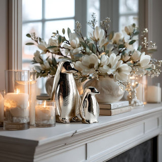 Set of 2 styled silver penguin figurines styled on a luxurious decorated fireplace mantel 