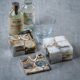Set of 4 Agate Coasters with Silver Stainless Steel Metal Tray, Taupe/ White, Third & Main, Home Decor, Barware, Bar Decor, Luxury Barware, Luxury Homes, Luxury Decor, Contemporary Decor, Versatile Decor, Modern Farmhouse Decor, Modern Traditional Decor, Everyday Decor, Spring Decor, Summer Decor, Seasonal Decor, Fall Decor