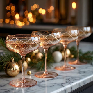 Set of four amber luster coupe glasses with etched crosshatch pattern — elegant barware and holiday entertaining glass set by Third & Main.