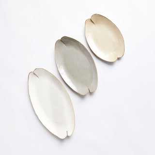 Set of hand-painted decorative lily pad trays with gold rim detail, nature-inspired iron serving or display platters in neutral tones, elegant artisan home decor, Third & Main, Home Decor