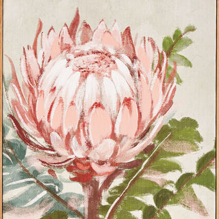 Painting of a pink protea flower with green leaves on a textured beige background