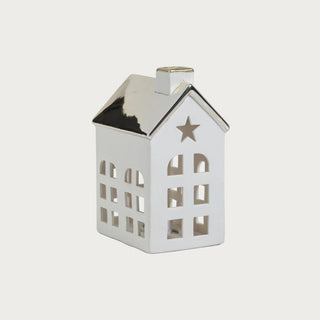 Set of two porcelain houses with polished gold roofs — elegant LED holiday décor in modern quiet luxury style by Third & Main.