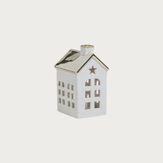 Set of two porcelain houses with polished gold roofs — elegant LED holiday décor in modern quiet luxury style by Third & Main.