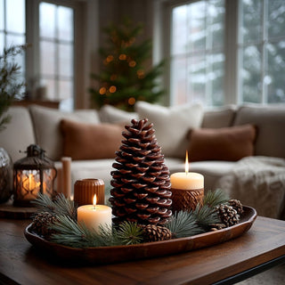 Set of two large pinecone-shaped candles with forest-inspired fragrance — lemon, pine, fir balsam, and patchouli scented decorative candles for winter home décor by Third & Main.