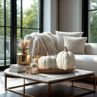 Set of chenille white braided pumpkins styled together on coffee table with candles
