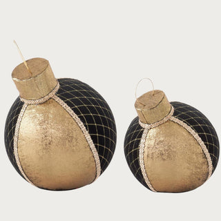 Set of two black velvet tabletop ornaments with gold trim and quilted detailing – elegant decorative holiday accents for mantel or console display in modern home décor.