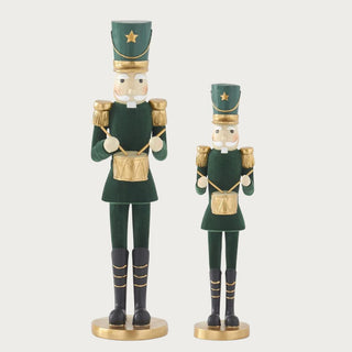 Set of two dark green velvet and gold nutcracker soldiers with drums — elegant holiday décor figurines by Third & Main.