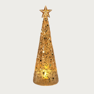 Set of two LED gold Christmas trees with star cutouts — light-up tabletop holiday décor emitting warm white glow by Third & Main.