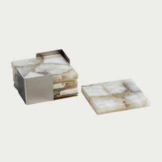 Set of 4 Agate Coasters with Silver Stainless Steel Metal Tray, Taupe/ White, Third & Main, Home Decor, Barware, Bar Decor, Luxury Barware, Luxury Homes, Luxury Decor, Contemporary Decor, Versatile Decor, Modern Farmhouse Decor, Modern Traditional Decor, Everyday Decor, Spring Decor, Summer Decor, Seasonal Decor, Fall Decor