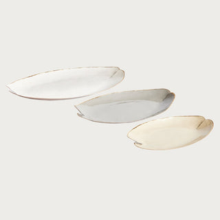 Set of hand-painted decorative lily pad trays with gold rim detail, nature-inspired iron serving or display platters in neutral tones, elegant artisan home decor, Third & Main, Home Decor