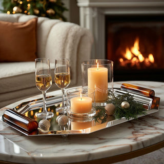 Holiday polished silver stainless steel tray with natural horn handles — elegant serving and décor tray available in three sizes by Third & Main.