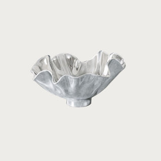 Cast metal silver bloom bowl with polished finish — sculptural floral design centerpiece for modern holiday décor by Third & Main.