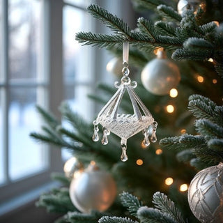 Silver crystal chandelier ornament with faceted glass details — elegant hanging holiday decoration in quiet luxury style by Third & Main.