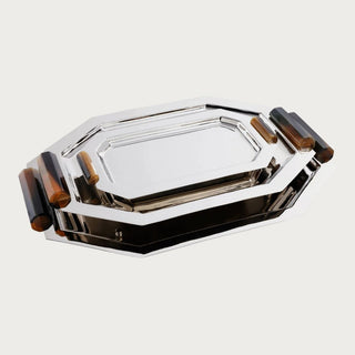 Holiday polished silver stainless steel tray with natural horn handles — elegant serving and décor tray available in three sizes by Third & Main.
