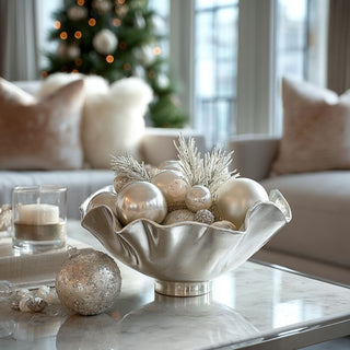 Cast metal silver bloom bowl with polished finish — sculptural floral design centerpiece for modern holiday décor by Third & Main.