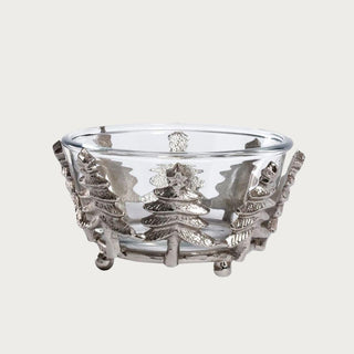 Silver glass bowl with sculpted silver Christmas tree base – elegant holiday serving bowl on neutral background
