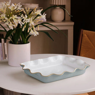 Slate blue white metal casserole holder with gold rim, lightweight rectangular bakeware displayed on modern round table, elegant kitchen and dining decor for serving or entertaining. Food Safe and Dishwasher Safe. Not Microwave or Oven Safe, Third & Main, Home Decor