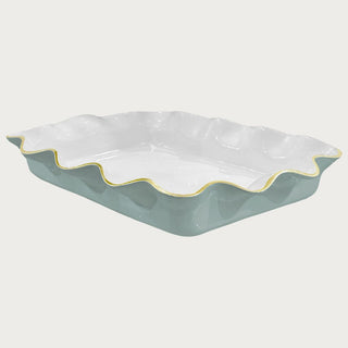 Slate blue white metal casserole holder with gold rim, lightweight rectangular bakeware displayed on modern round table, elegant kitchen and dining decor for serving or entertaining. Food Safe and Dishwasher Safe. Not Microwave or Oven Safe, Third & Main, Home Decor