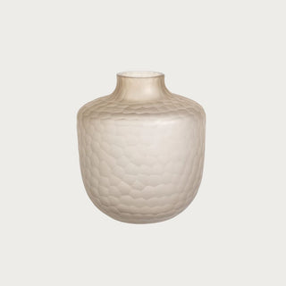 Small 8.5 Inch Frosted Taupe Cut Glass Vase Styled on a white background 