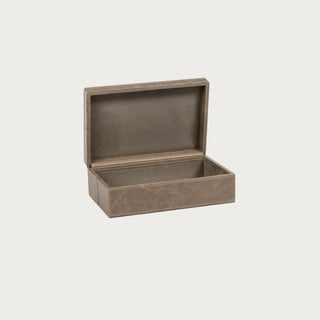 Open 9.5 Inch Belmont Mink Brown Leather Box showing suede interior, stitched leather exterior, and compact rectangular storage design.