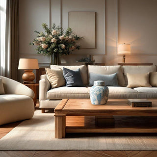 Small blue and white ceramic ginger jar with parrot and botanical pattern and classic lidded silhouette in a living area rising on a warm wood coffee table surrounded by neutral decor and furnishings