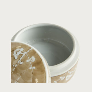 Small Brown Chinoiserie Empress Ceramic Box shown open with its removable floral-patterned lid and smooth light ceramic interior for concealed storage.
