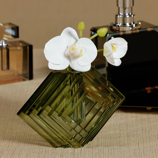 Small Diamond Motif Emerald Green Crystal Vase, 6.75 x 3.5 x 4.25 inches, a faceted emerald green crystal vase for modern interiors.