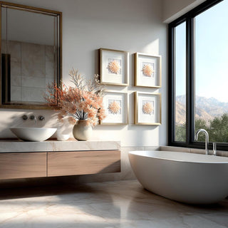 Four small Selene selenite wall decor pieces in gold frames arranged in a grid above a floating vanity in a modern Scottsdale bathroom