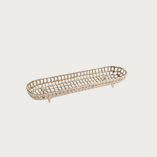 Small Gold Oval Alloy Tray, 17.75 inches, open lattice metal tray in polished gold for modern tabletop styling.