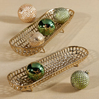 Small Gold Oval Alloy Tray styled with gold and green decorative ornaments on neutral table for sophisticated home décor.