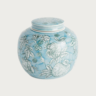 Small blue ceramic ginger jar with pomegranate sketch pattern and classic rounded lidded silhouette