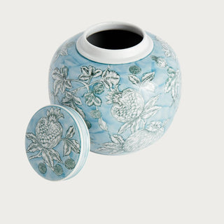 Small blue ceramic ginger jar with pomegranate sketch pattern and classic rounded lidded silhouette