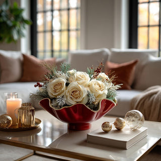 Small red and gold Thanni Bloom bowl with ruffled edge — handcrafted decorative holiday centerpiece made to order by Third & Main.