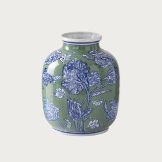 Small 10.25-inch sage green ceramic vase with rounded silhouette, cobalt blue and white botanical flowers, and glossy glazed finish.
