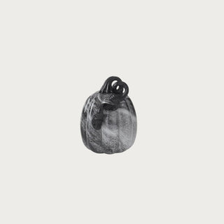 Small Black & Gray Swirl Glass Pumpkin with upright shape, smoky marbled glass, glossy black curled stem, and charcoal-white veining for fall shelf styling.