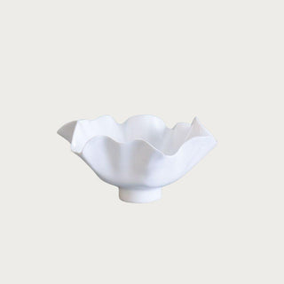 white sculptural bloom serving bowl made of melamine styled on kitchen counter for berries snacks or decorative display