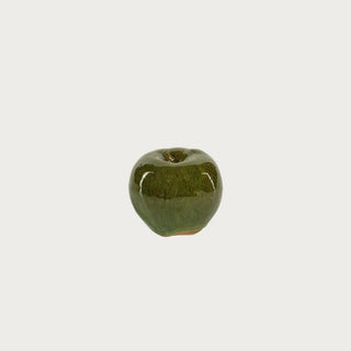 Small green glazed stoneware apple decorative accent, 4 inches wide by 3.5 inches high, high-gloss finish, perfect for tabletop or seasonal styling especially for fall decor