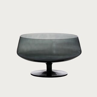 Smoke glass stemmed bowl with wide round basin and minimalist pedestal base, modern decorative glass centerpiece on moody gray backdrop, Fall Decor, Holiday Decor, Winter Decor, Luxury Decor, Contemporary Decor