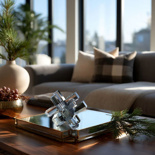 Smoke Colored Crystal Interlocking Sculpture styled in a modern contemporary decor living room 