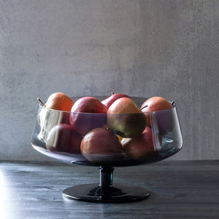 Smoke glass stemmed bowl with wide round basin and minimalist pedestal base, modern decorative glass centerpiece on moody gray backdrop, Fall Decor, Holiday Decor, Winter Decor, Luxury Decor, Contemporary Decor