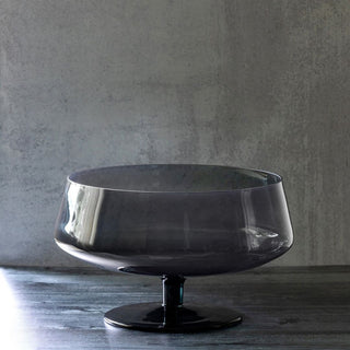 Smoke glass stemmed bowl with wide round basin and minimalist pedestal base, modern decorative glass centerpiece on moody gray backdrop, Fall Decor, Holiday Decor, Winter Decor, Luxury Decor, Contemporary Decor