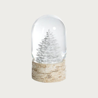 Snow globe with white tree on birchwood base — minimalist winter decorative accent for tabletop or mantel by Third & Main.