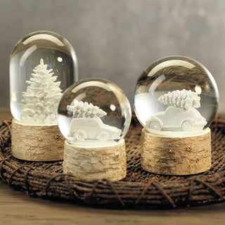 Snow globe with white tree on birchwood base — minimalist winter decorative accent for tabletop or mantel by Third & Main.