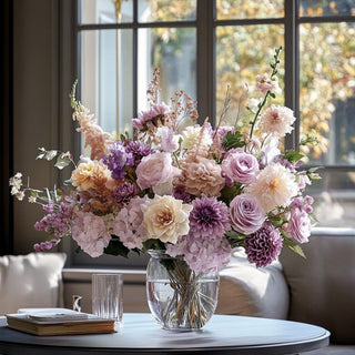 Lifelike faux floral arrangement in soft blush, lavender, and cream tones displayed in a clear glass vase, styled by Third & Main for an elegant, romantic home interior.